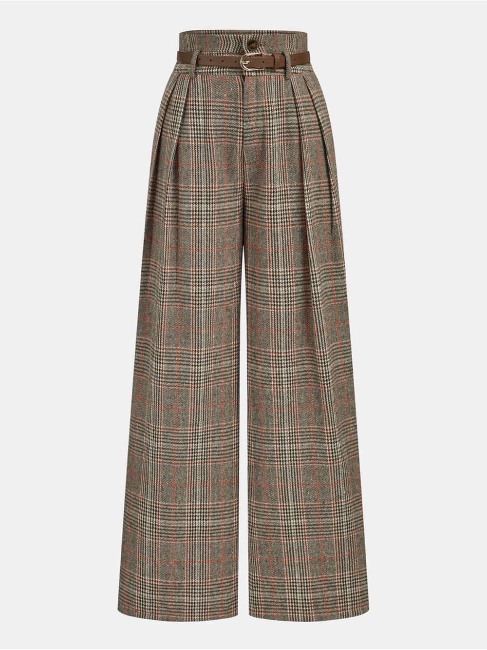 Commense Brown Plaid High-Waist Wide-Leg Trousers with Belt